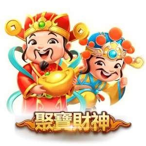 聚寶財神老虎機主題LOGO，財神爺揚手送財畫面