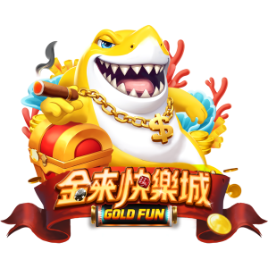 金來快樂城品牌吉祥物形象圖，黃金鯊魚角色搭配寶箱與金幣，象徵娛樂城好運與豐富獎勵