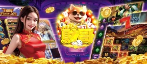 財哥娛樂城官方品牌 Logo，柴犬吉祥物結合金幣、骰子與撲克牌元素